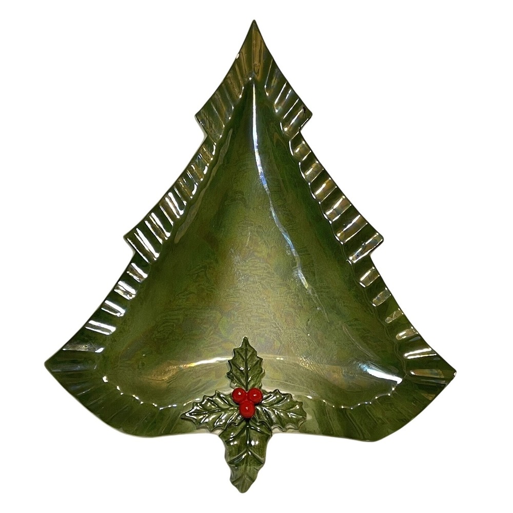 Vintage Norcrest Christmas Tree Holly‎ Tray Candy Dish Decor 50s Japan MCM Green